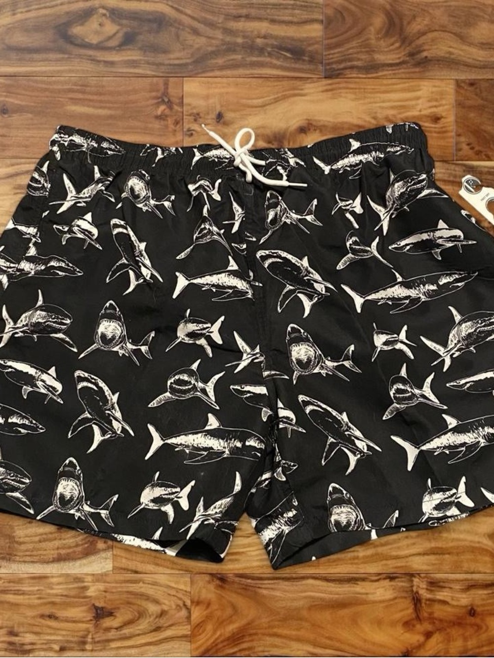 Men's Black Shark-Print Swim Trunks with Drawstring